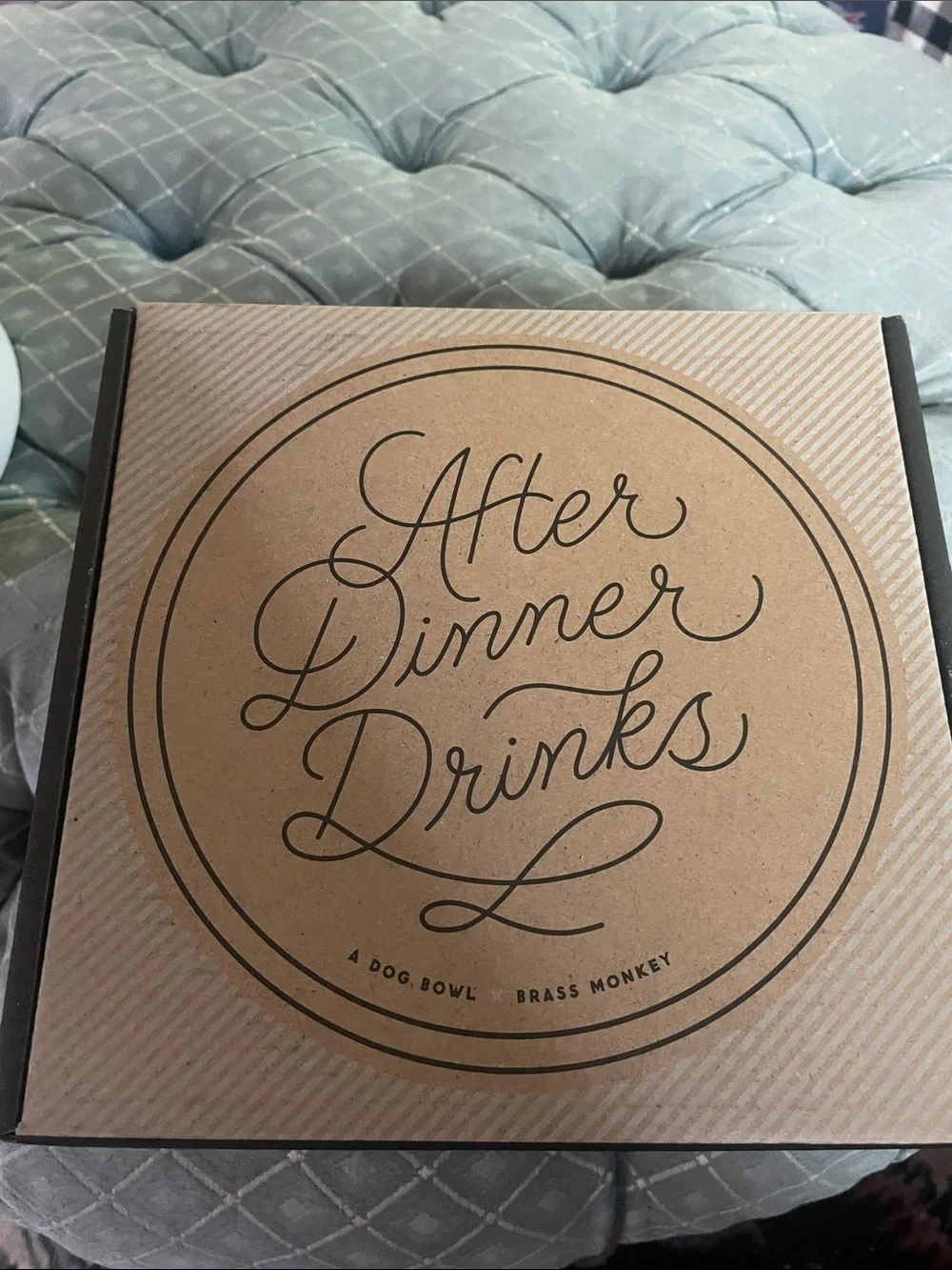 After Dinner Drinks White Ceramic Dog  Bowl with Gold Script